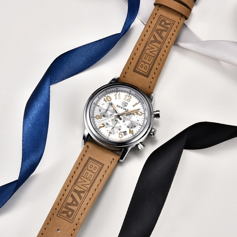 BENYAR New Quartz Men's Watches Brown Leather Watchband Chronograph Business Wrist Watches for Men Auto Date Clock Waterproof Wristwatches
