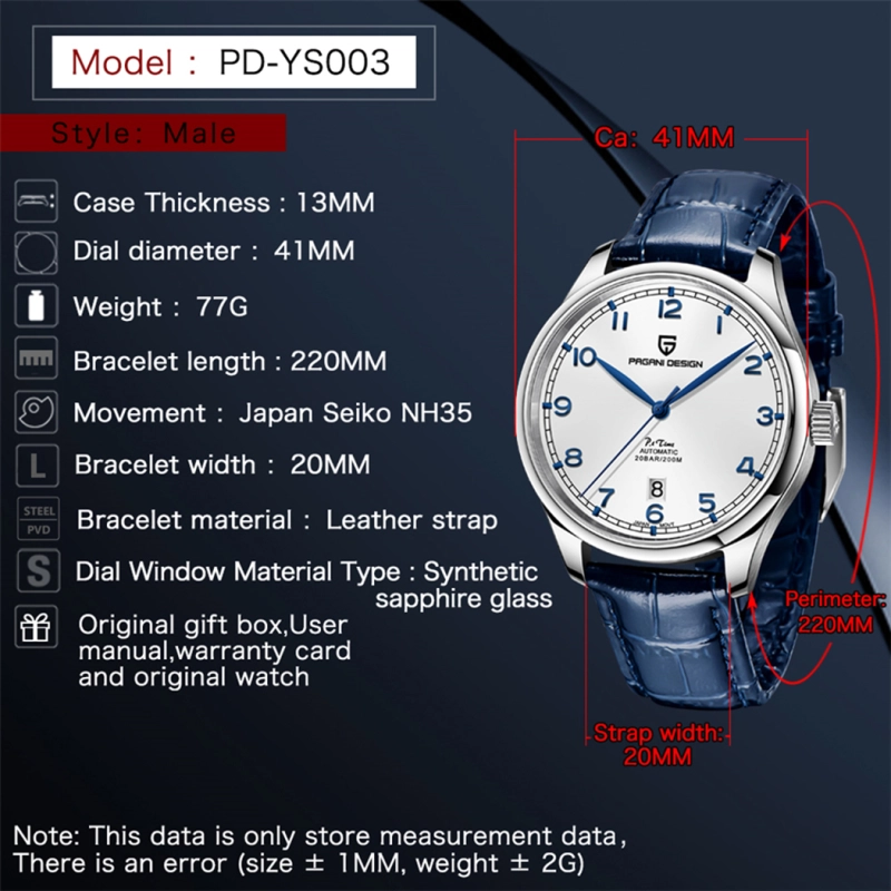 PAGANI DESIGN PD-YS003 Men's Automatic Watches Stainless Steel Genuine Leather Business Casual Dress Wrist Watch for Men 200M Waterproof