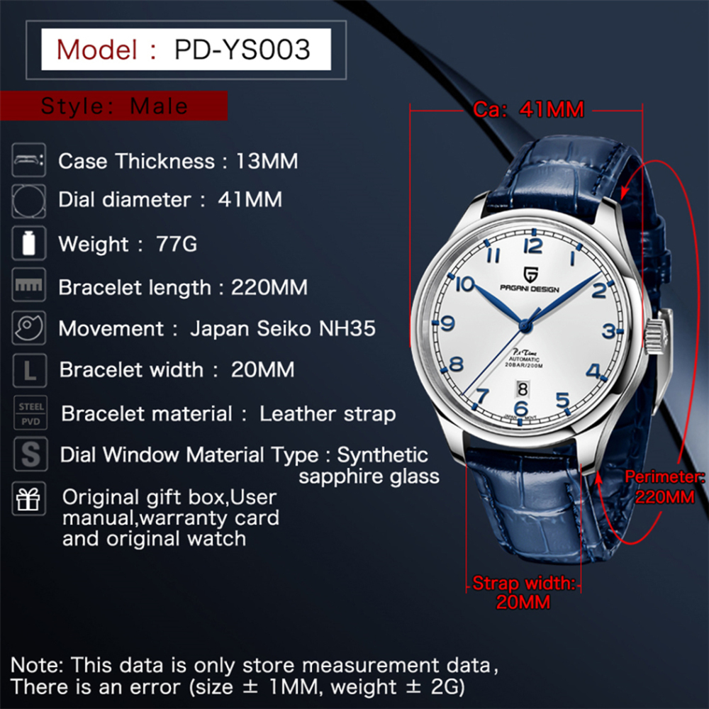 PAGANI DESIGN PD-YS003 Men's Automatic Watches Stainless Steel Genuine Leather Business Casual Dress Wrist Watch for Men 200M Waterproof