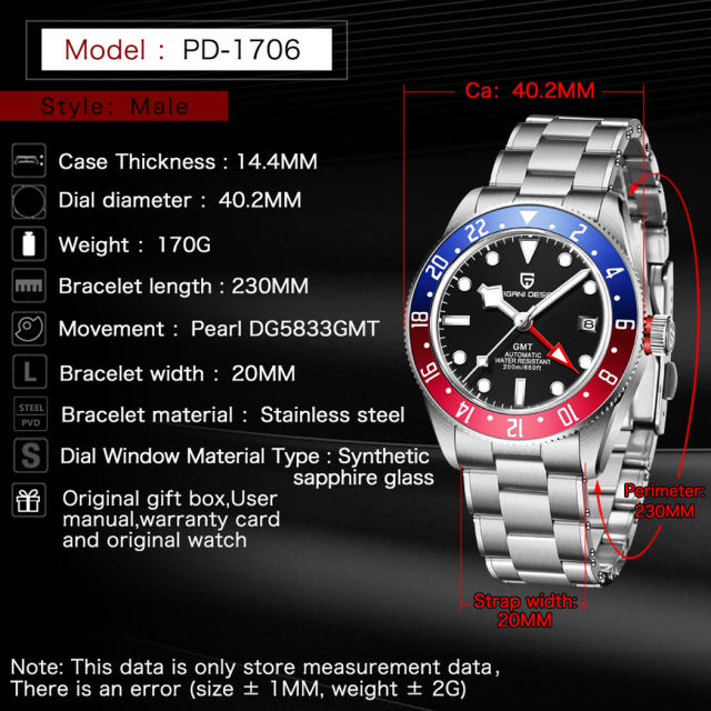 PAGANI DESIGN Men's Watches New Black Bay GMT Automatic Wrist Watch for Men 40mm Stainless Steel 200M Waterproof Business Wristwatch