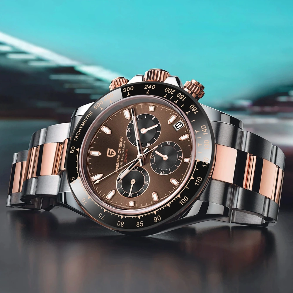 PAGANI DESIGN Blue Men's Quartz Watches Daytona Homage Wrist Watch with Seiko VK63 Movement Sapphire Ceramic Bezel Waterproof Stainless Steel Strap