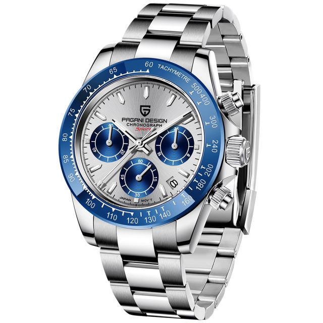 PAGANI DESIGN Blue Men's Quartz Watches Sports Chronograph Wrist Watch with VK63 Movement Sapphire Ceramic Bezel Waterproof Stainless Steel Strap