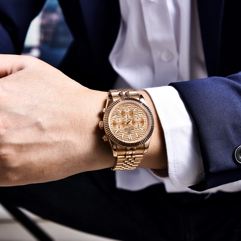 BENAYR BY-YS001 Men's Watches Luxury Chronograph Quartz Stainless Steel Wrist Watch for Men Business Auto Date Stop Watch with Jubilee Watchband
