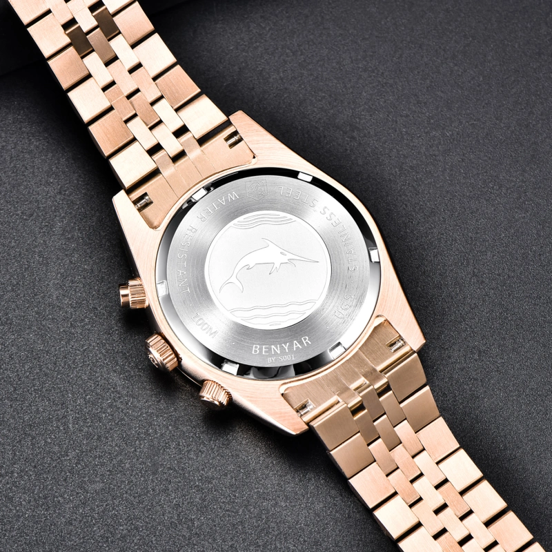 BENAYR BY-YS001 Men's Watches Luxury Chronograph Quartz Stainless Steel Wrist Watch for Men Business Auto Date Stop Watch with Jubilee Watchband