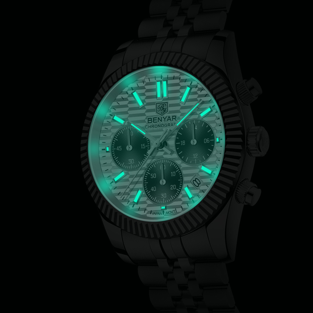 BENAYR BY-YS001 Men's Watches Luxury Chronograph Quartz Stainless Steel Wrist Watch for Men Business Auto Date Stop Watch with Jubilee Watchband