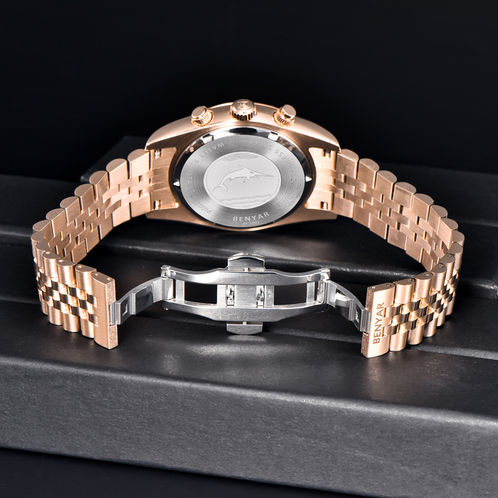 BENAYR BY-YS001 Men's Watches Luxury Chronograph Quartz Stainless Steel Wrist Watch for Men Business Auto Date Stop Watch with Jubilee Watchband