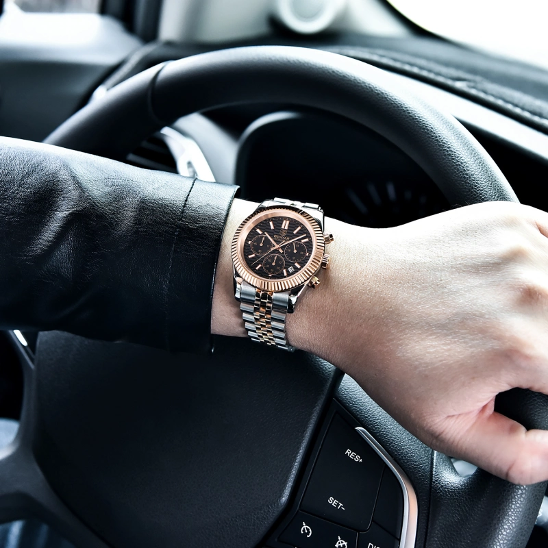 BENAYR Men's Watches Luxury Chronograph Quartz Stainless Steel Wrist Watch for Men Business Auto Date Stop Watch with Jubilee Watchband