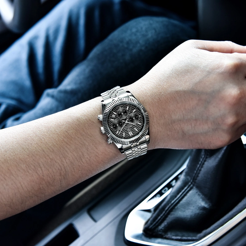 BENAYR BY-YS001 Men's Watches Luxury Chronograph Quartz Stainless Steel Wrist Watch for Men Business Auto Date Stop Watch with Jubilee Watchband