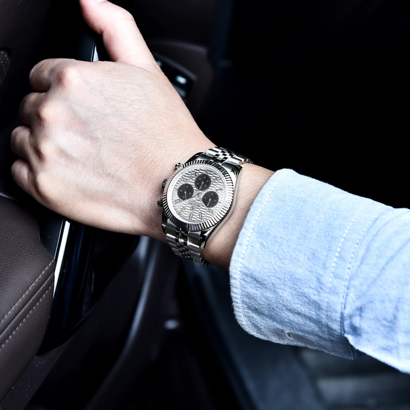 BENAYR BY-YS001 Men's Watches Luxury Chronograph Quartz Stainless Steel Wrist Watch for Men Business Auto Date Stop Watch with Jubilee Watchband
