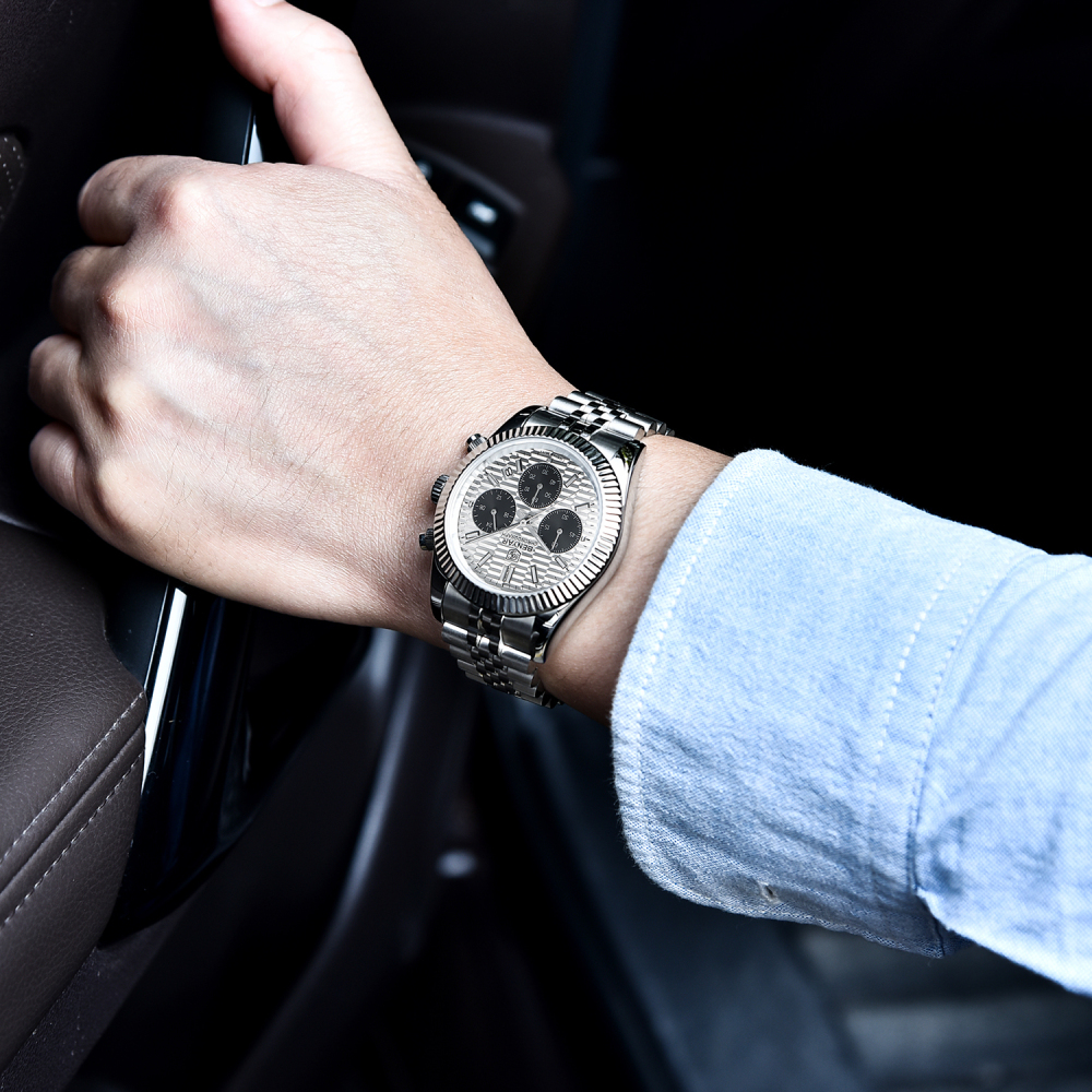 BENAYR BY-YS001 Men's Watches Luxury Chronograph Quartz Stainless Steel Wrist Watch for Men Business Auto Date Stop Watch with Jubilee Watchband