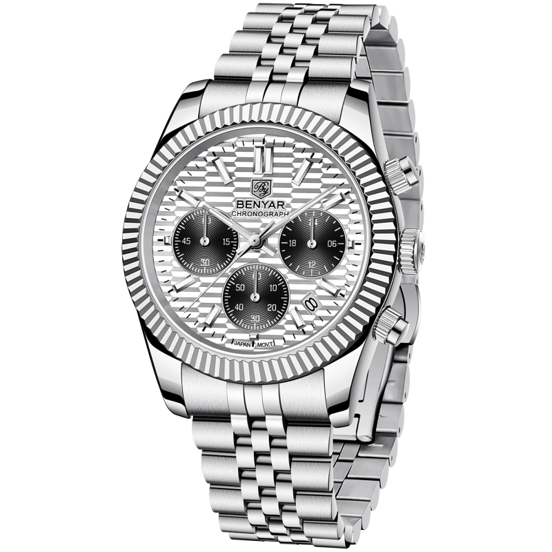 BENAYR BY-YS001 Men's Watches Luxury Chronograph Quartz Stainless Steel Wrist Watch for Men Business Auto Date Stop Watch with Jubilee Watchband