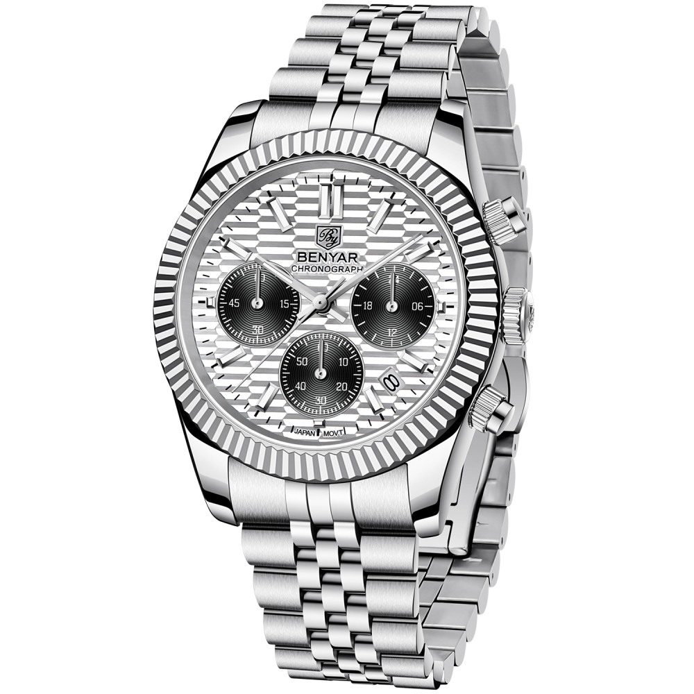 BENAYR BY-YS001 Men's Watches Luxury Chronograph Quartz Stainless Steel Wrist Watch for Men Business Auto Date Stop Watch with Jubilee Watchband