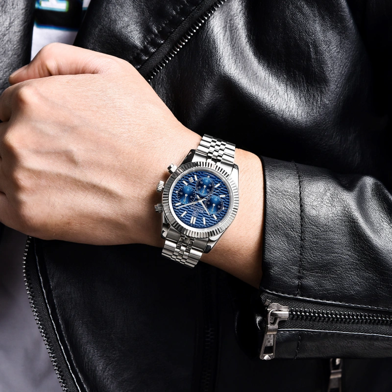 BENAYR BY-YS001 Men's Watches Luxury Chronograph Quartz Stainless Steel Wrist Watch for Men Business Auto Date Stop Watch with Jubilee Watchband