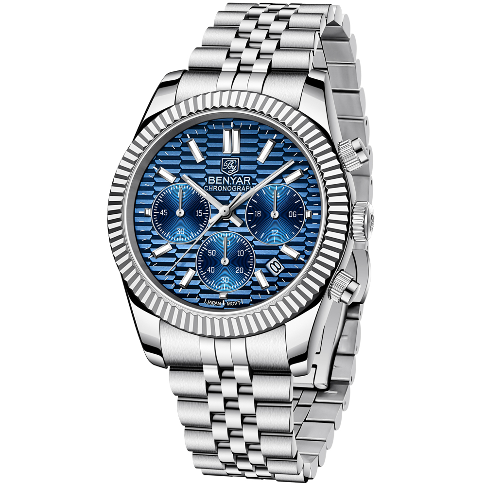 BENAYR Men's Watches Luxury Chronograph Quartz Stainless Steel Wrist Watch for Men Business Auto Date Stop Watch with Jubilee Watchband