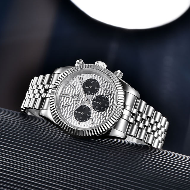 BENAYR Men's Watches Luxury Chronograph Quartz Stainless Steel Wrist Watch for Men Business Auto Date Stop Watch with Jubilee Watchband