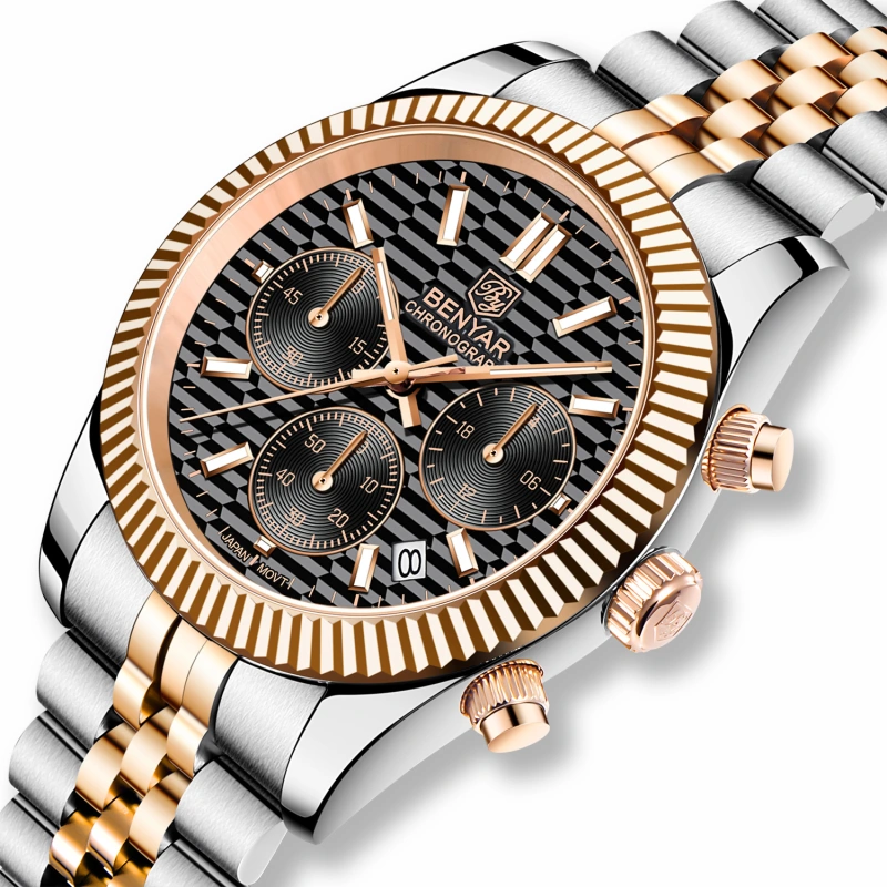 BENAYR BY-YS001 Men's Watches Luxury Chronograph Quartz Stainless Steel Wrist Watch for Men Business Auto Date Stop Watch with Jubilee Watchband
