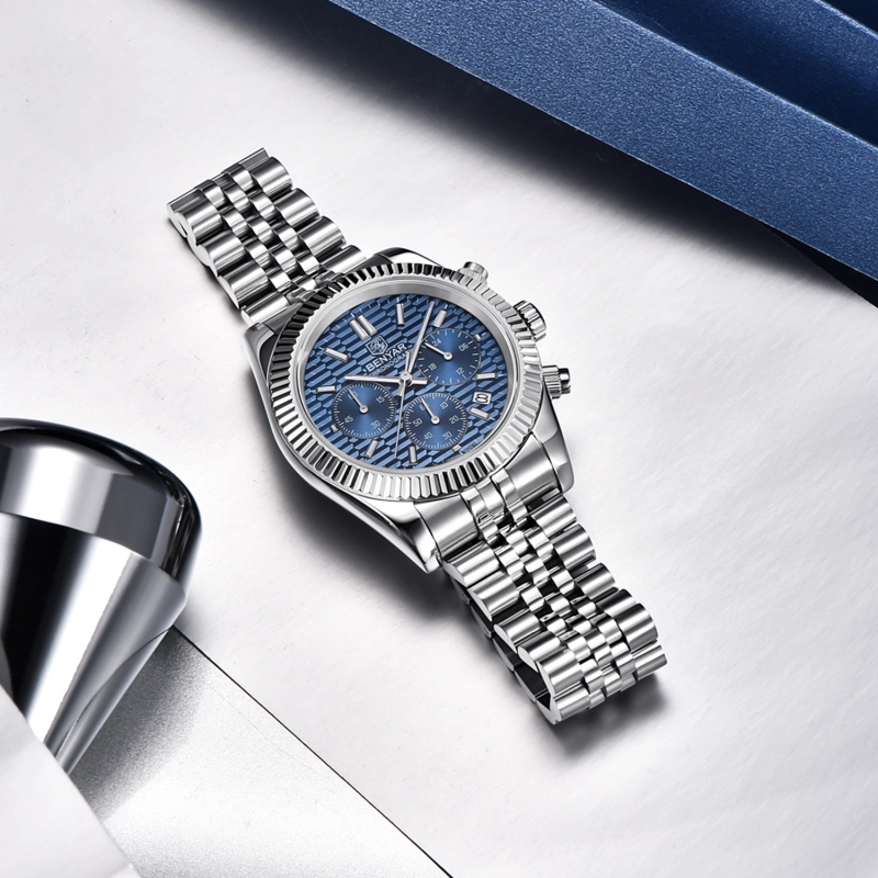 BENAYR BY-YS001 Men's Watches Luxury Chronograph Quartz Stainless Steel Wrist Watch for Men Business Auto Date Stop Watch with Jubilee Watchband