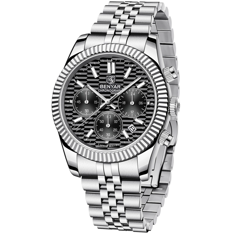 BENAYR BY-YS001 Men's Watches Luxury Chronograph Quartz Stainless Steel Wrist Watch for Men Business Auto Date Stop Watch with Jubilee Watchband