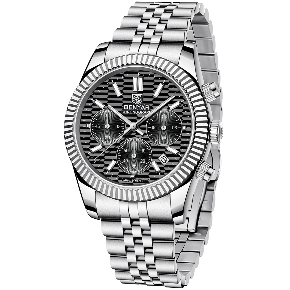 BENAYR BY-YS001 Men's Watches Luxury Chronograph Quartz Stainless Steel Wrist Watch for Men Business Auto Date Stop Watch with Jubilee Watchband
