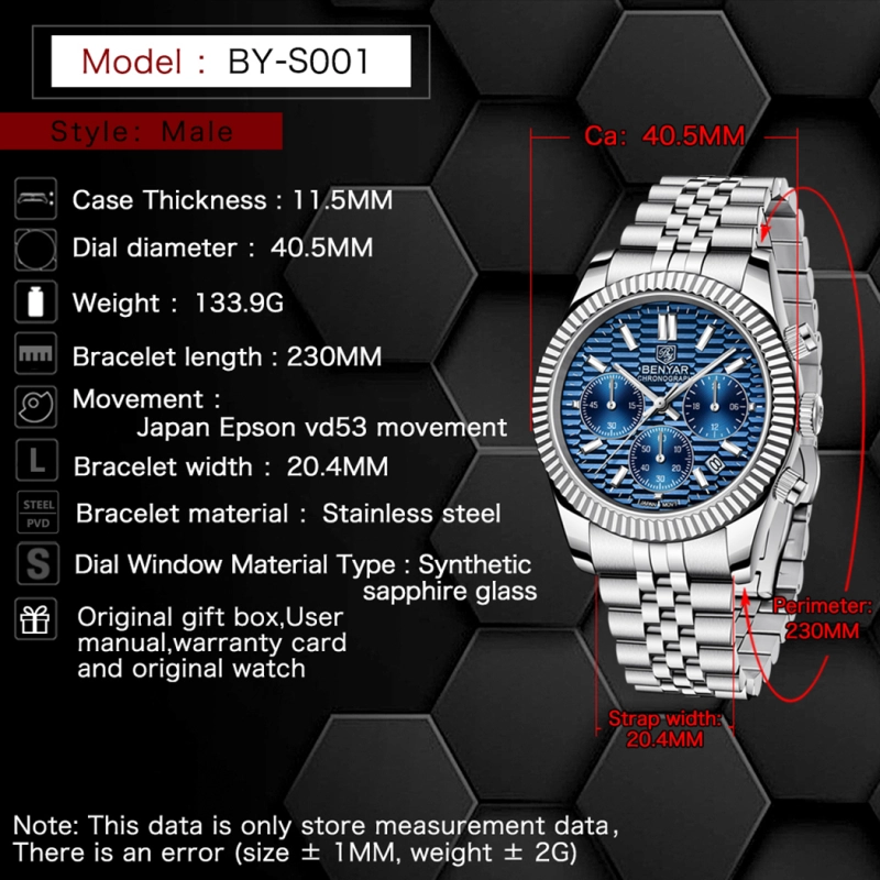 BENAYR Men's Watches Luxury Chronograph Quartz Stainless Steel Wrist Watch for Men Business Auto Date Stop Watch with Jubilee Watchband