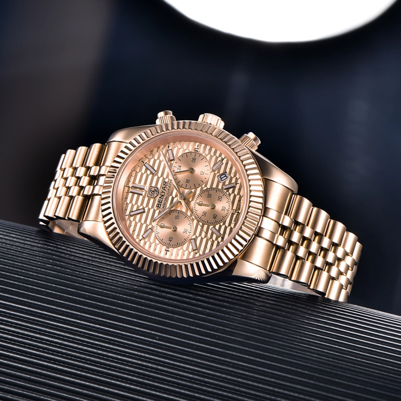 BENAYR BY-YS001 Men's Watches Luxury Chronograph Quartz Stainless Steel Wrist Watch for Men Business Auto Date Stop Watch with Jubilee Watchband