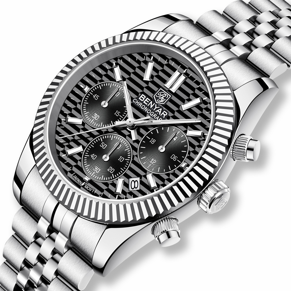 BENAYR BY-YS001 Men's Watches Luxury Chronograph Quartz Stainless Steel Wrist Watch for Men Business Auto Date Stop Watch with Jubilee Watchband