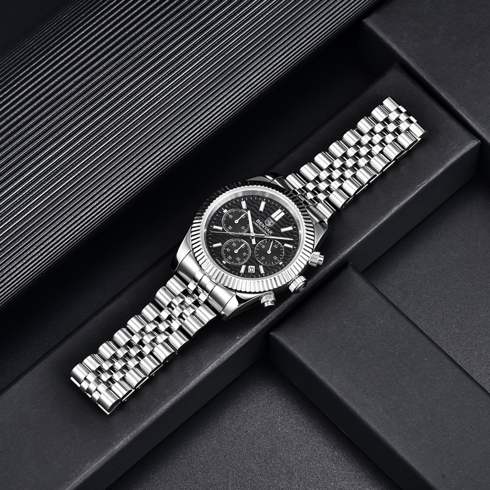 BENAYR BY-YS001 Men's Watches Luxury Chronograph Quartz Stainless Steel Wrist Watch for Men Business Auto Date Stop Watch with Jubilee Watchband