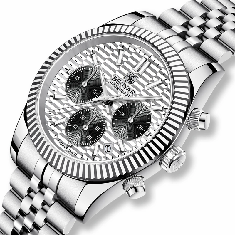 BENAYR BY-YS001 Men's Watches Luxury Chronograph Quartz Stainless Steel Wrist Watch for Men Business Auto Date Stop Watch with Jubilee Watchband