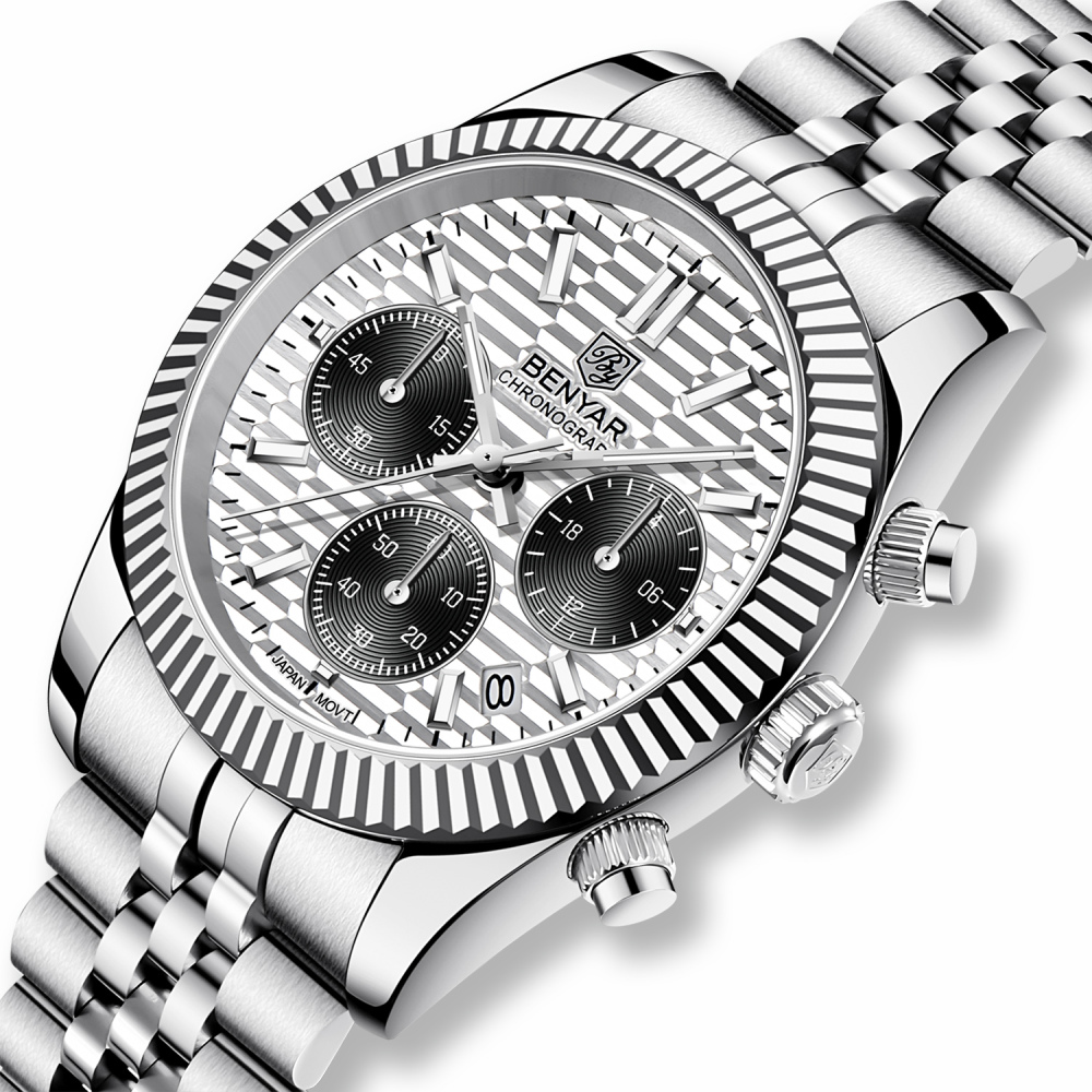 BENAYR BY-YS001 Men's Watches Luxury Chronograph Quartz Stainless Steel Wrist Watch for Men Business Auto Date Stop Watch with Jubilee Watchband