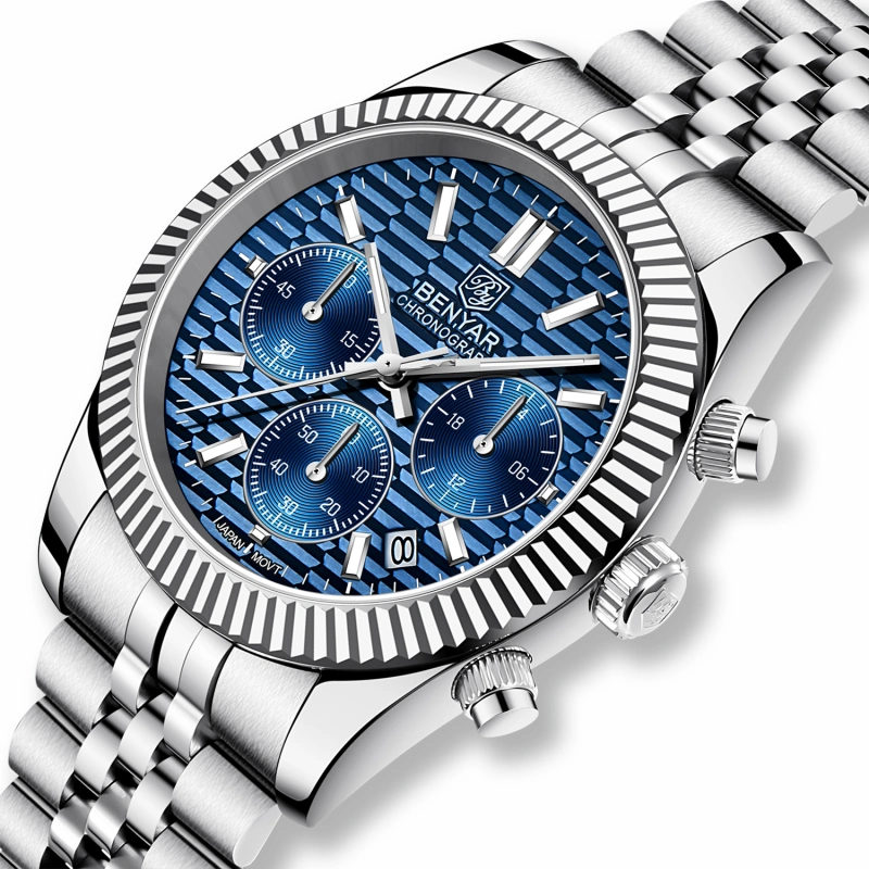 BENAYR BY-YS001 Men's Watches Luxury Chronograph Quartz Stainless Steel Wrist Watch for Men Business Auto Date Stop Watch with Jubilee Watchband