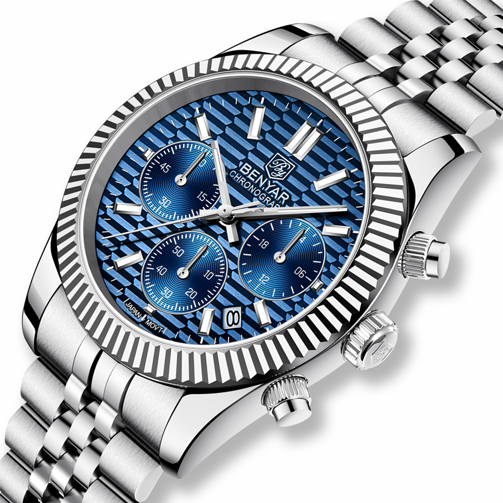 BENAYR BY-YS001 Men's Watches Luxury Chronograph Quartz Stainless Steel Wrist Watch for Men Business Auto Date Stop Watch with Jubilee Watchband