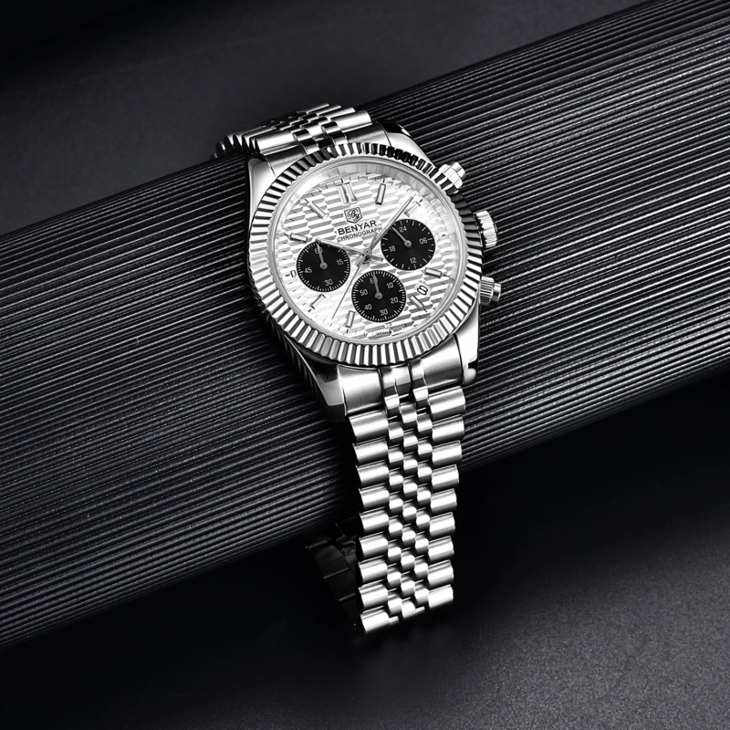 BENAYR Men's Watches Luxury Chronograph Quartz Stainless Steel Wrist Watch for Men Business Auto Date Stop Watch with Jubilee Watchband