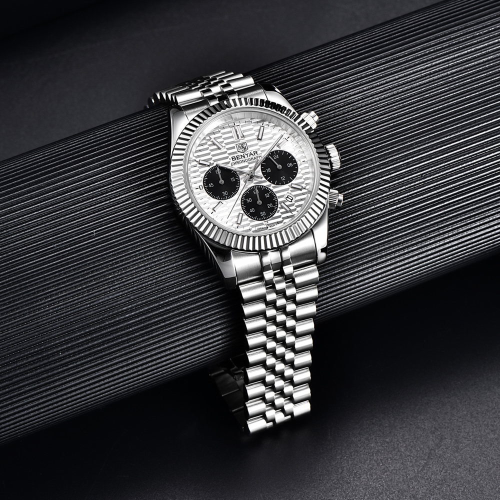 BENAYR Men's Watches Luxury Chronograph Quartz Stainless Steel Wrist Watch for Men Business Auto Date Stop Watch with Jubilee Watchband