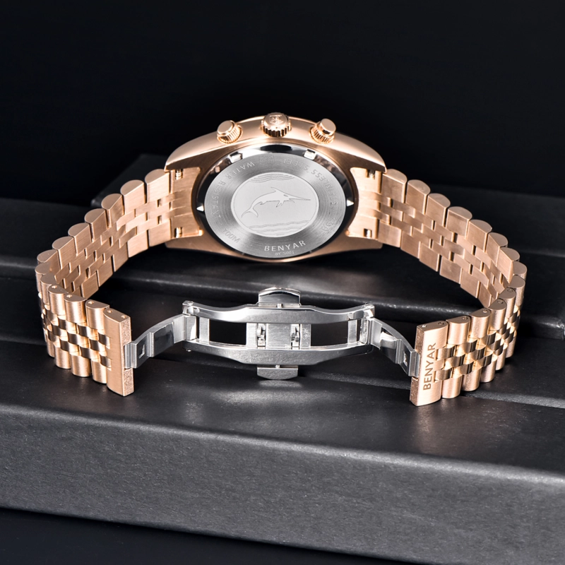 BENAYR BY-YS001 Men's Watches Luxury Chronograph Quartz Stainless Steel Wrist Watch for Men Business Auto Date Stop Watch with Jubilee Watchband