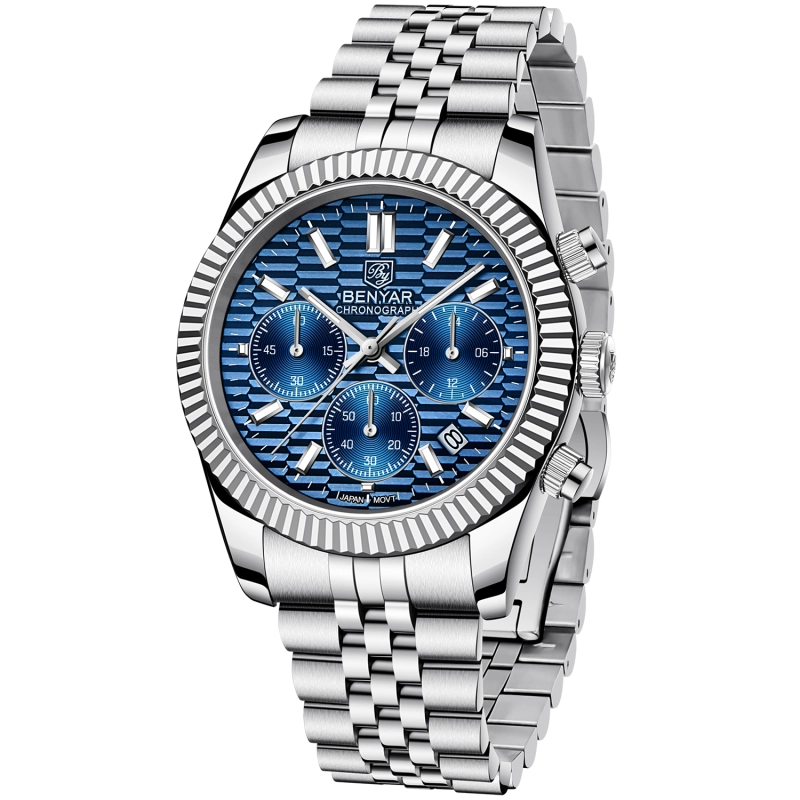 BENAYR BY-YS001 Men's Watches Luxury Chronograph Quartz Stainless Steel Wrist Watch for Men Business Auto Date Stop Watch with Jubilee Watchband