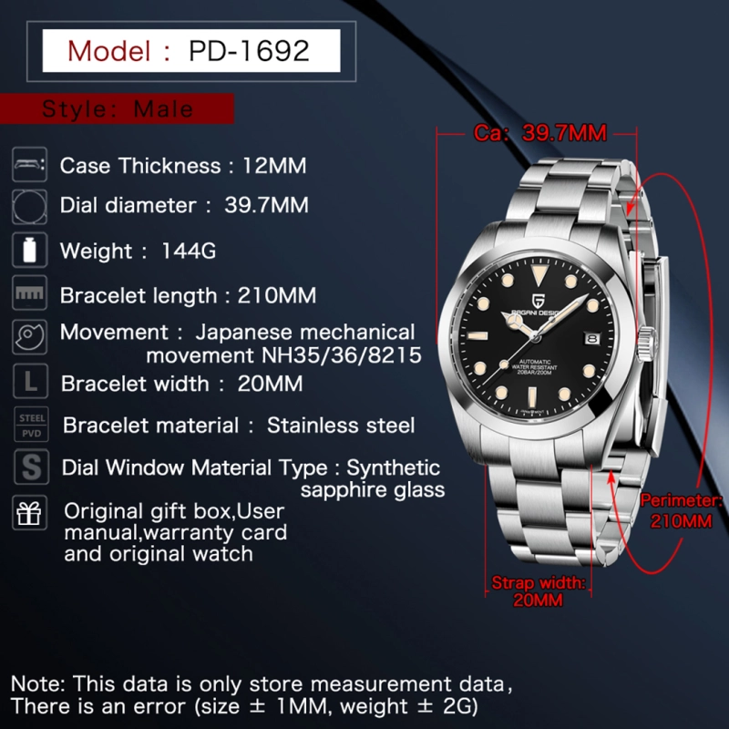 PAGANI DESIGN PD-1692 Men's Automatic Watches Full Stainless Steel Waterproof Business Wrist Watch for Men Waterproof Auto Date Wristwatch