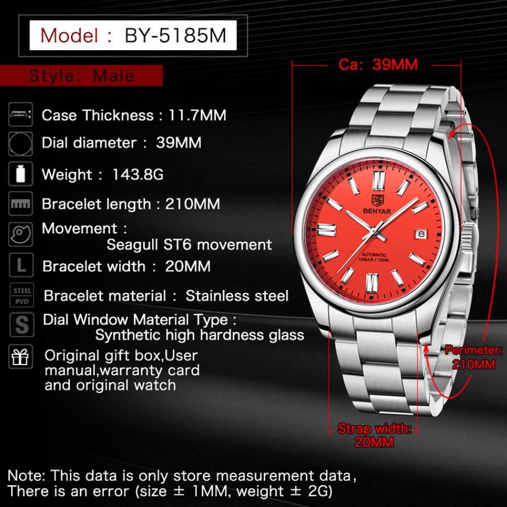 BENYAR Men's Automatic Watches full Steel Luxury Casual Business Wrist Watch for Men Sea-gull ST6 Mechanical Synthetic Glass Wristwatch