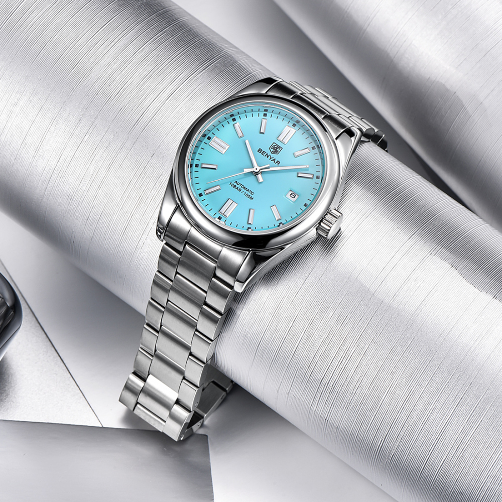 BENYAR Men's Automatic Watches full Steel Luxury Casual Business Wrist Watch for Men Sea-gull ST6 Mechanical Synthetic Glass Wristwatch