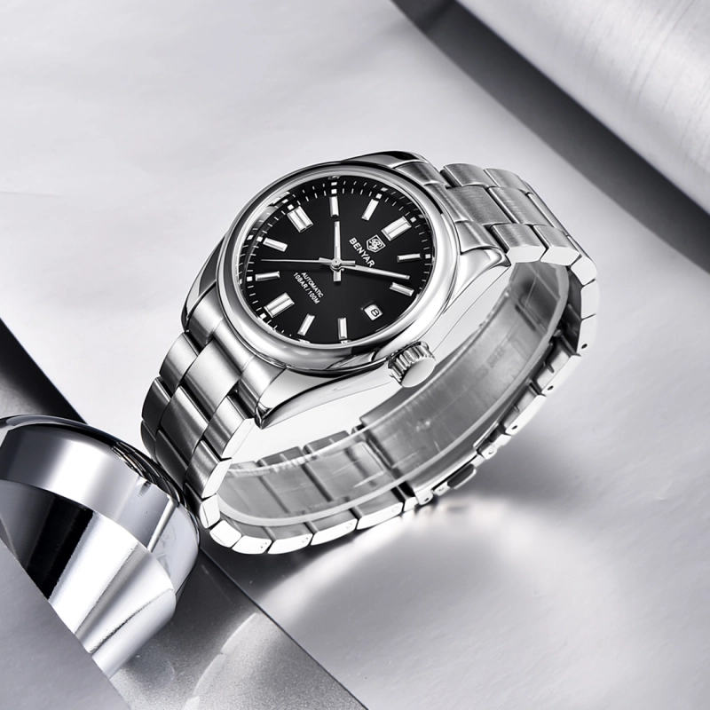 BENYAR Men's Automatic Watches full Steel Luxury Casual Business Wrist Watch for Men Sea-gull ST6 Mechanical Synthetic Glass Wristwatch