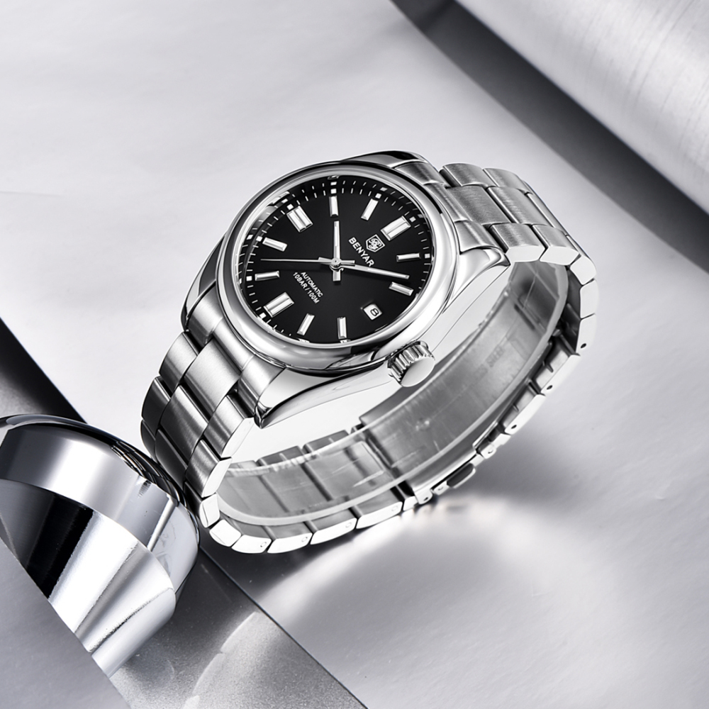 BENYAR Men's Automatic Watches full Steel Luxury Casual Business Wrist Watch for Men Sea-gull ST6 Mechanical Synthetic Glass Wristwatch