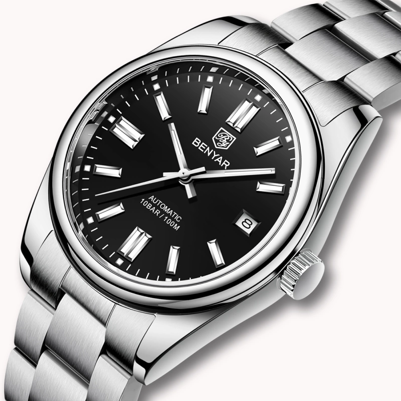 BENYAR Men's Automatic Watches full Steel Luxury Casual Business Wrist Watch for Men Sea-gull ST6 Mechanical Synthetic Glass Wristwatch
