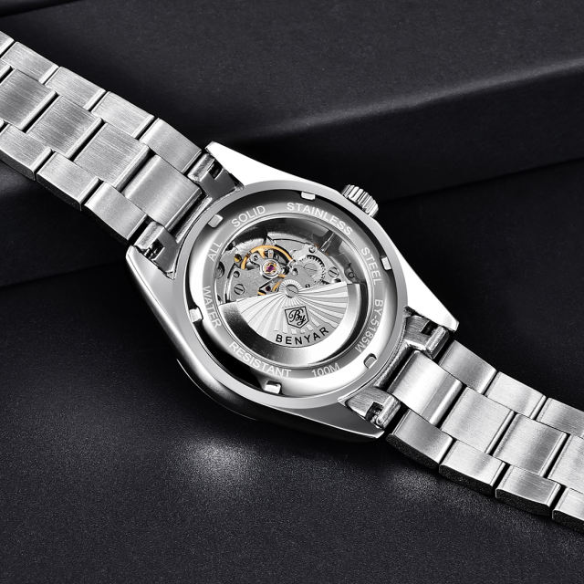 BENYAR Men's Automatic Watches full Steel Luxury Casual Business Wrist Watch for Men Sea-gull ST6 Mechanical Synthetic Glass Wristwatch