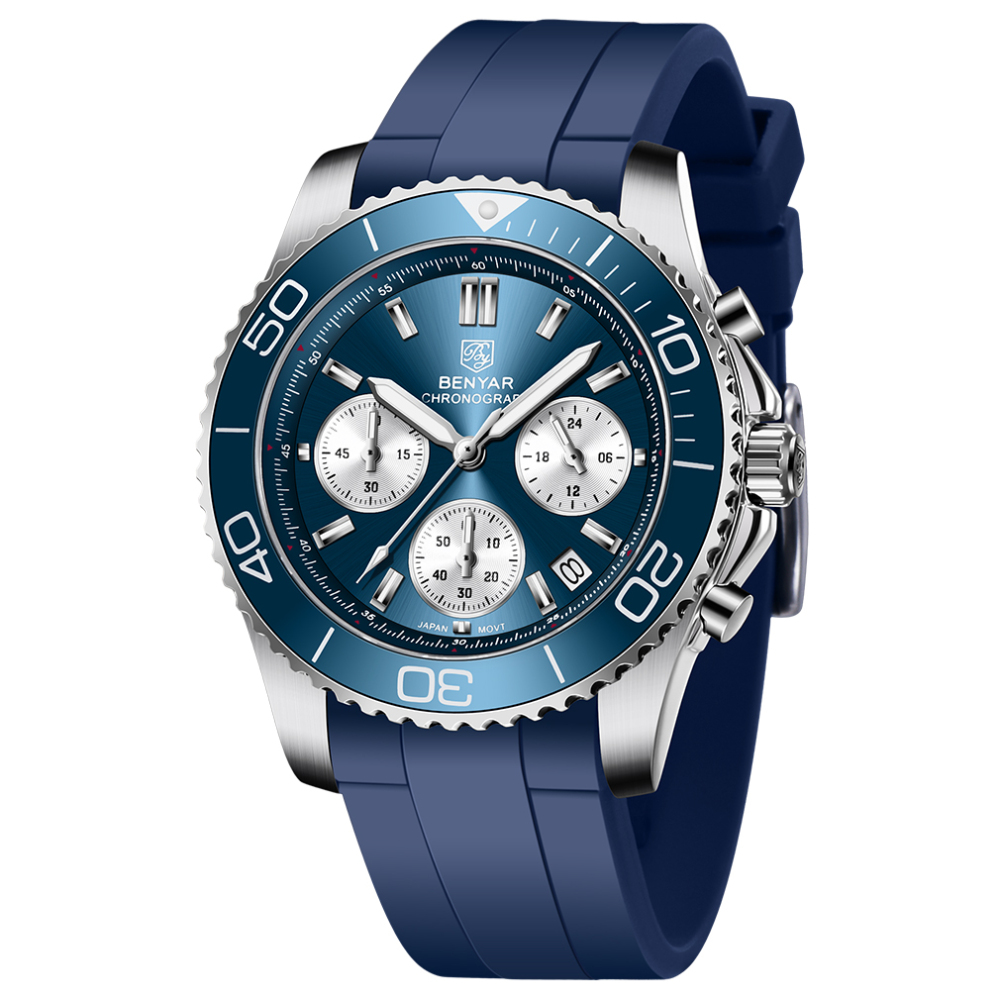 BENYAR Men's Watches New Release Chronograph Sports Business Stainless Steel Top Luxury Wrist Watch for Men Silicone Watchband