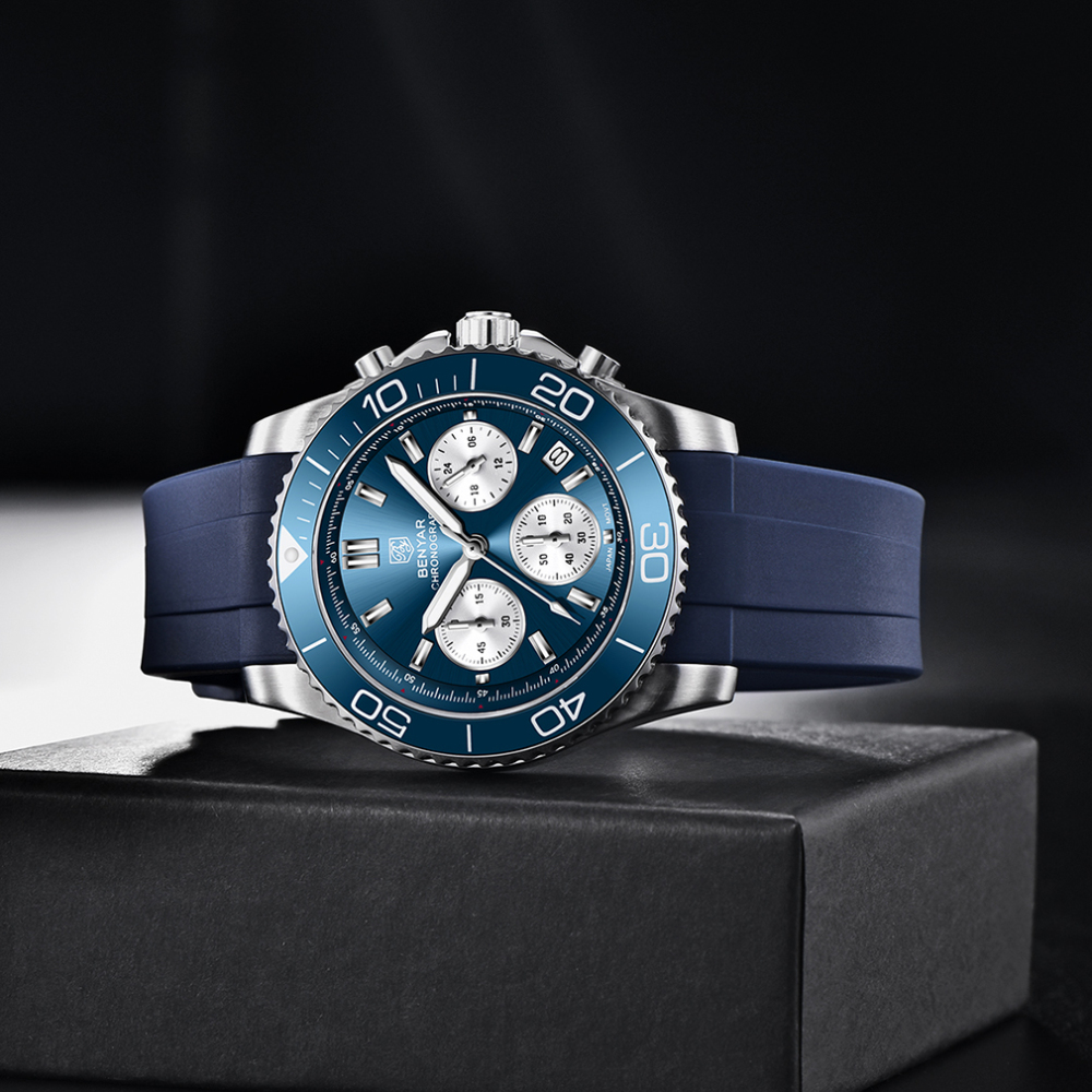 BENYAR Men's Watches New Release Chronograph Sports Business Stainless Steel Top Luxury Wrist Watch for Men Silicone Watchband