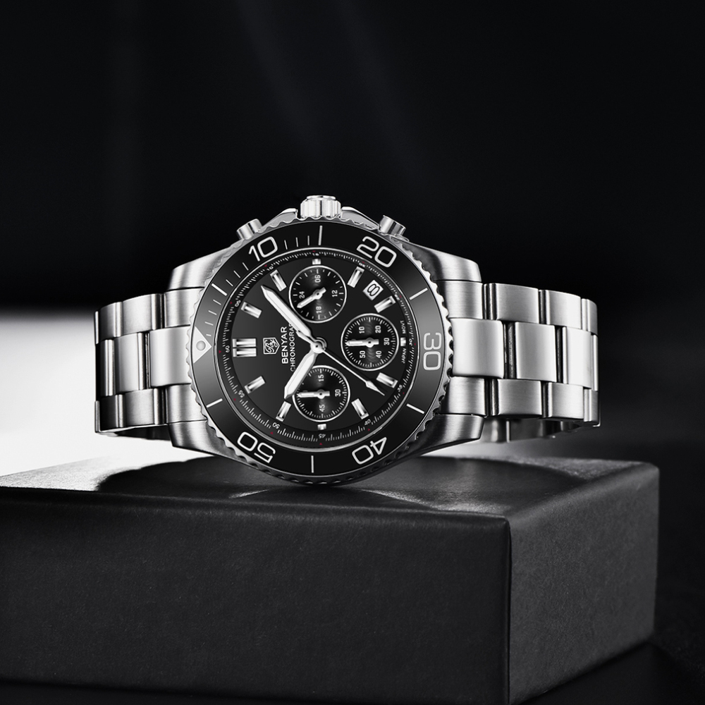 BENYAR Men's Watches New Release Chronograph Sports Business Stainless Steel Top Luxury Wrist Watch for Men Silicone Watchband