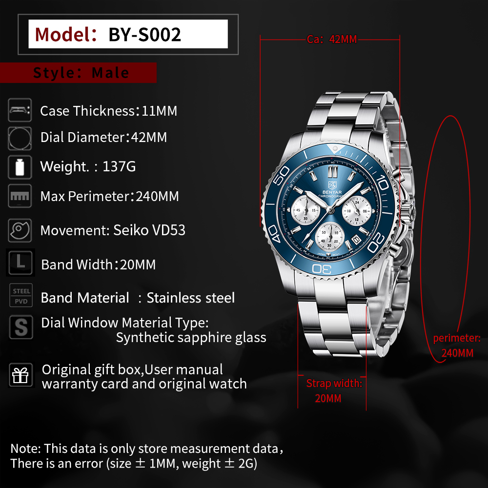 BENYAR Men's Watches New Release Chronograph Sports Business Stainless Steel Top Luxury Wrist Watch for Men Silicone Watchband