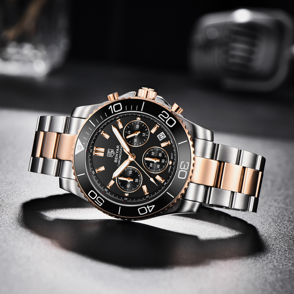 BENYAR Men's Watches New Release Chronograph Sports Business Stainless Steel Top Luxury Wrist Watch for Men Silicone Watchband