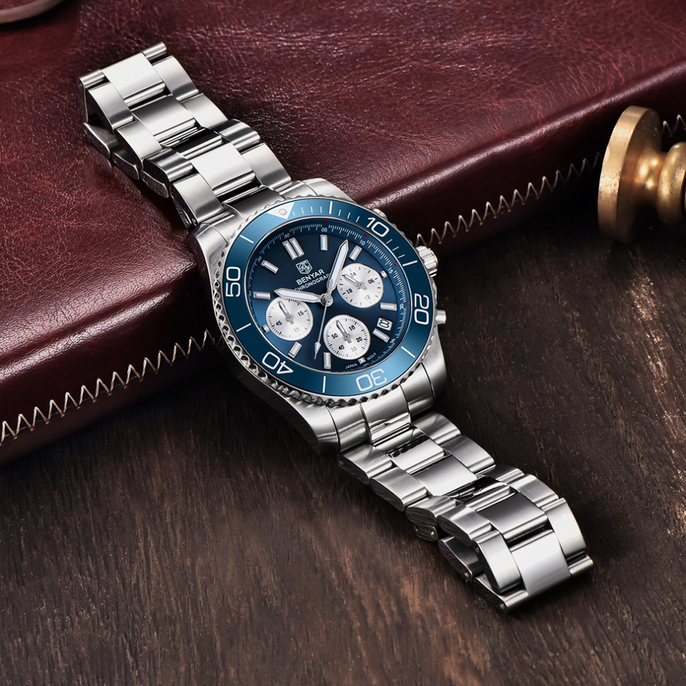 BENYAR Men's Watches New Release Chronograph Sports Business Stainless Steel Top Luxury Wrist Watch for Men Silicone Watchband