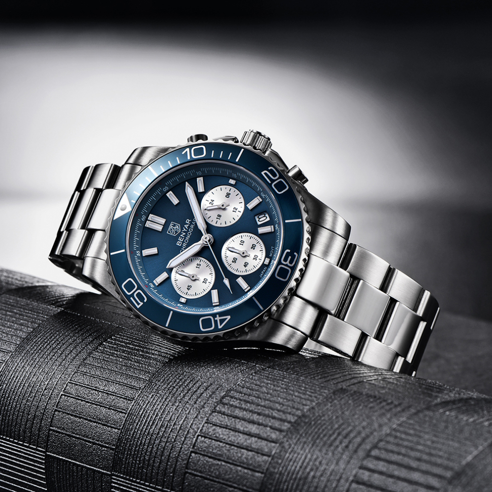 BENYAR Men's Watches New Release Chronograph Sports Business Stainless Steel Top Luxury Wrist Watch for Men Silicone Watchband