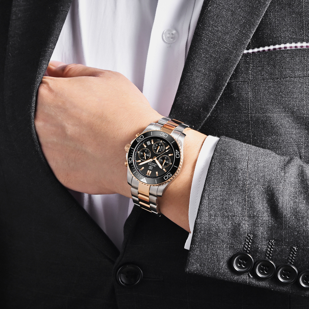BENYAR Men's Watches New Release Chronograph Sports Business Stainless Steel Top Luxury Wrist Watch for Men Silicone Watchband